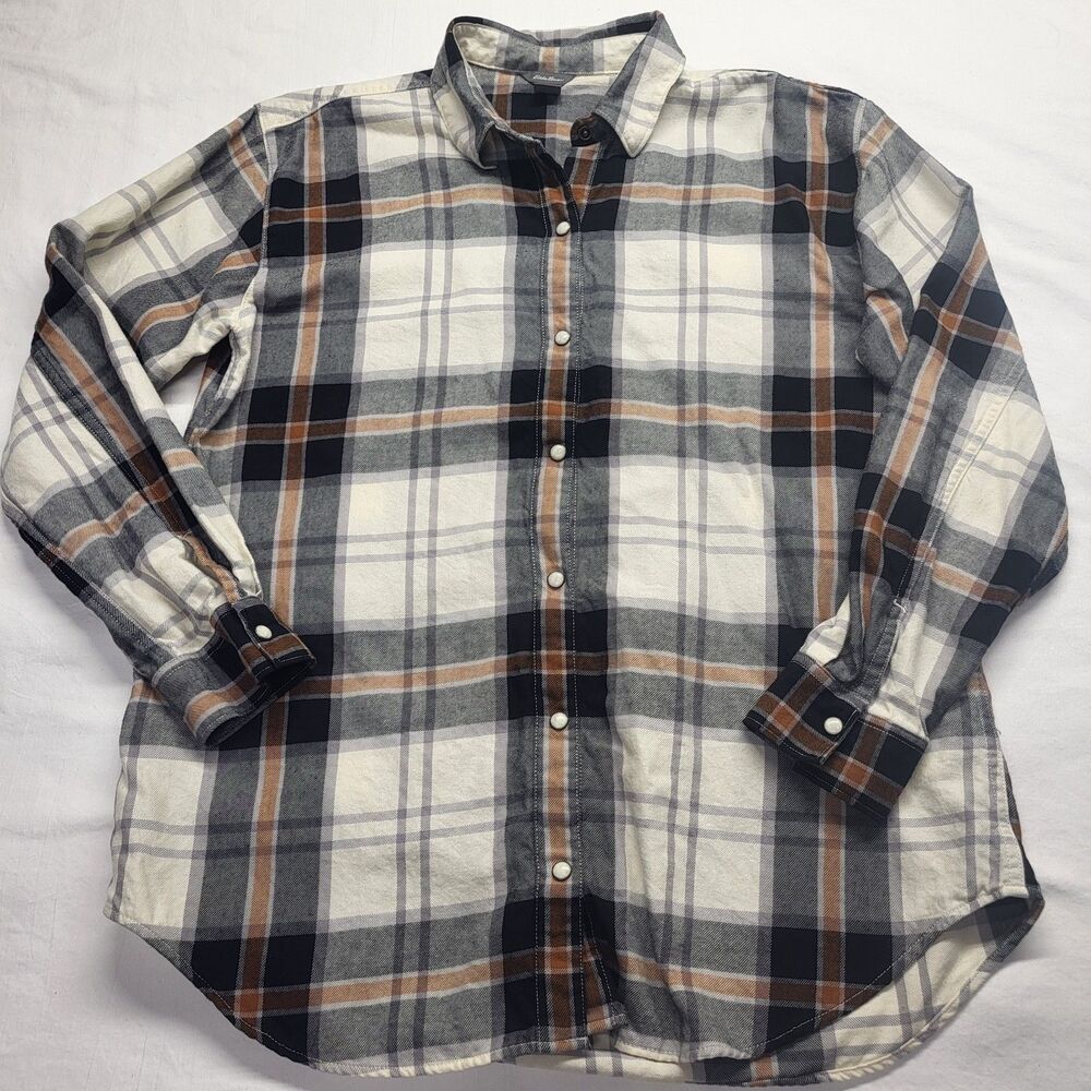 Eddie Bauer Flannel Shirt Women's Sz MED Black/Brown/Ivory/Gray Plaid Snap Front